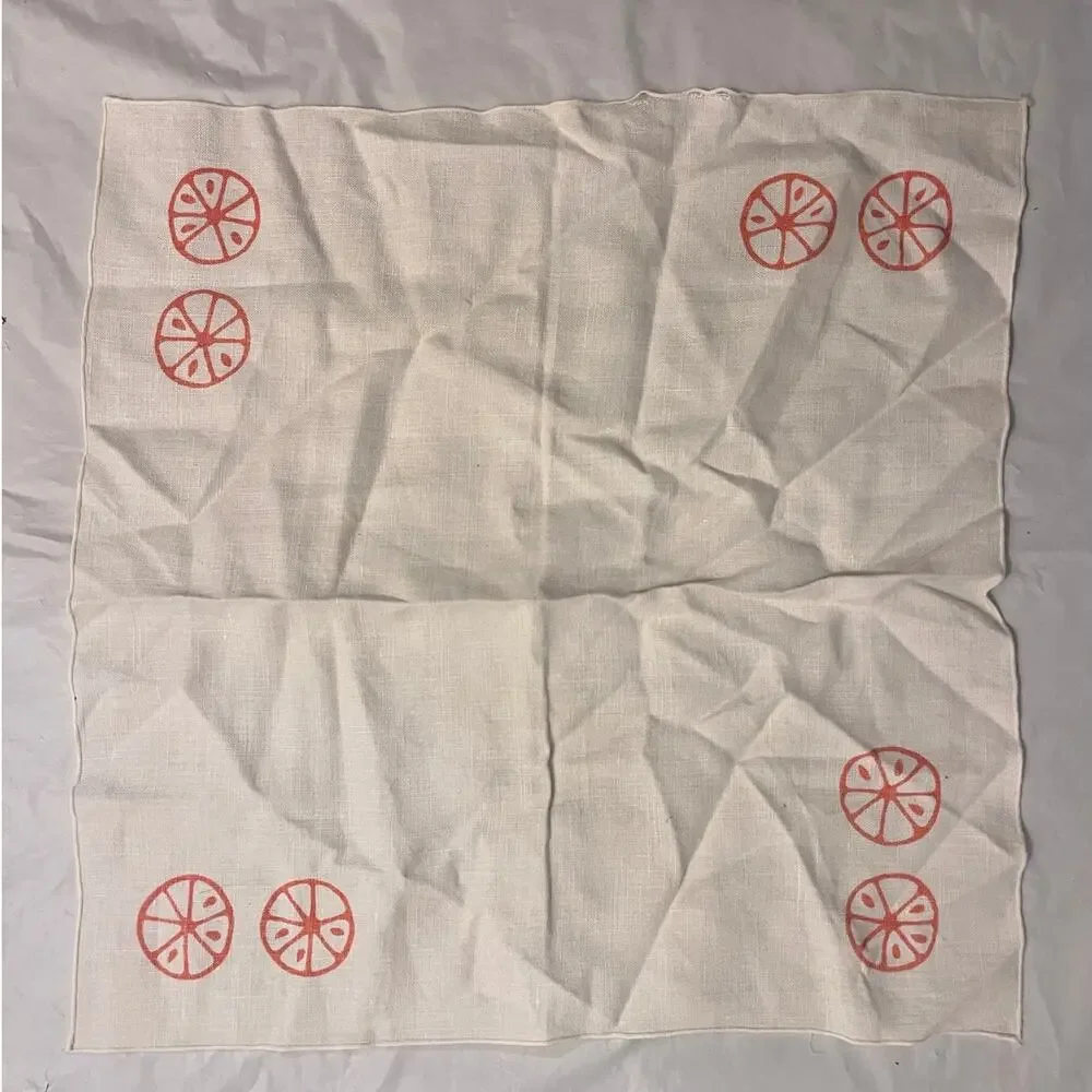 Vintage Linen Cocktail Napkins Orange Wheel Print 15 Square Lot of 2 Table Decor